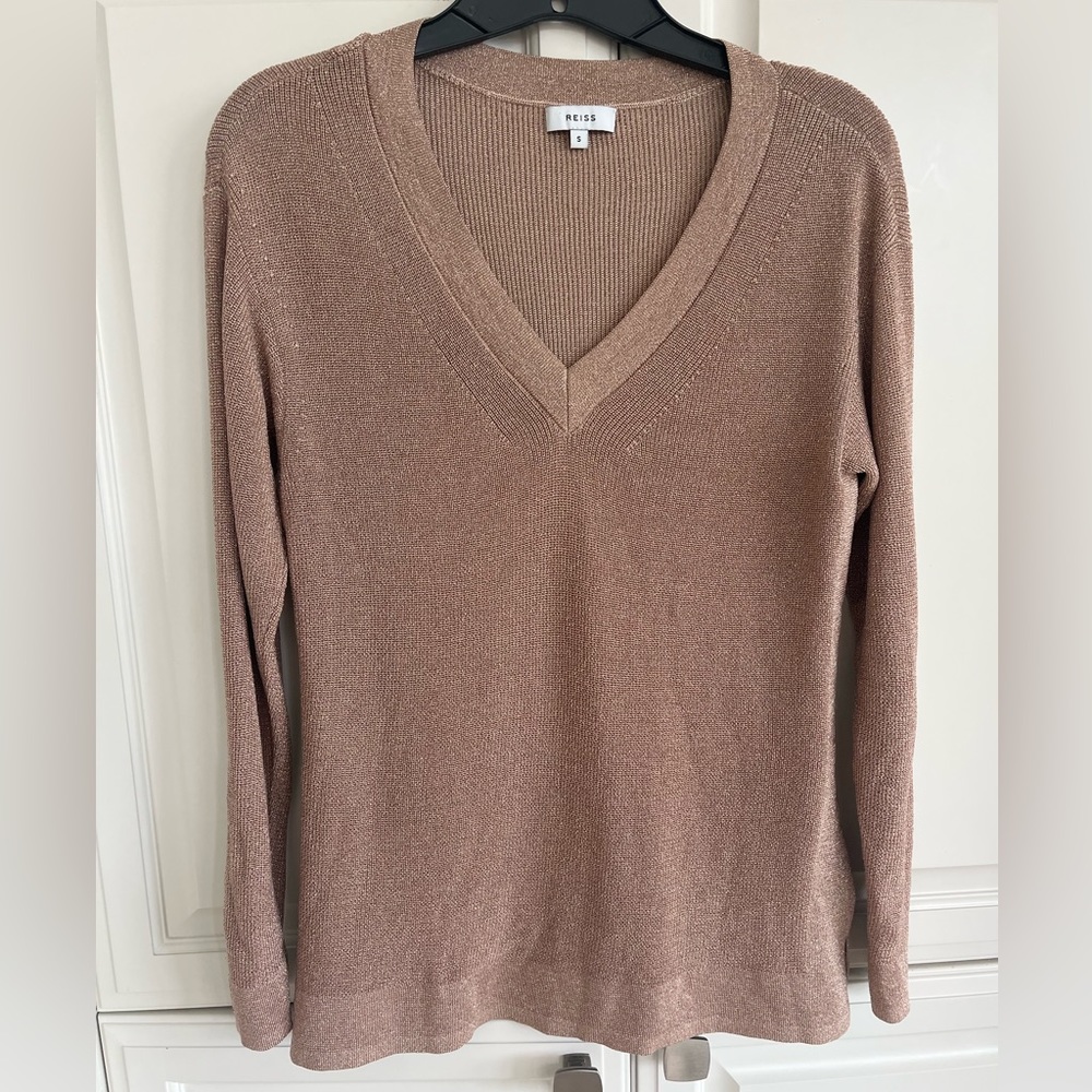 REISS Effie Metallic V-Neck Sweater Rose Gold S